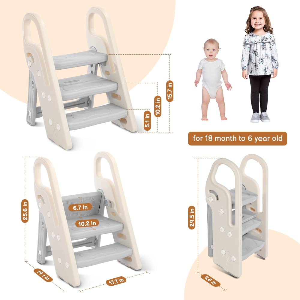 Adjustable Foldable 3-Step Kids Step Stool for Nursery Gray