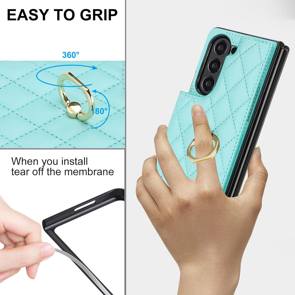 Green Samsung Galaxy Z Fold 6 Wallet Flip Case w Ring Card Holder Cash Slot  Kickstand