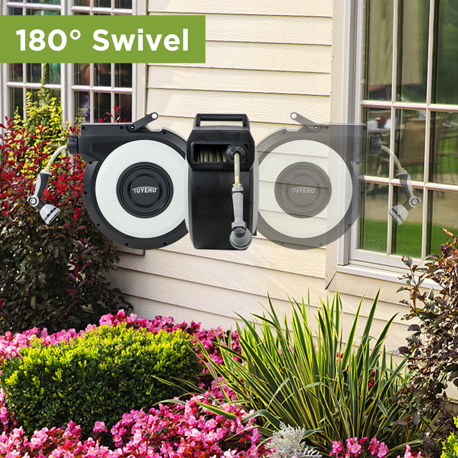 FT Retractable Garden Hose Reel Wall Mount Heavy Duty Automatic Rewind 2 Nozzles BlackCream