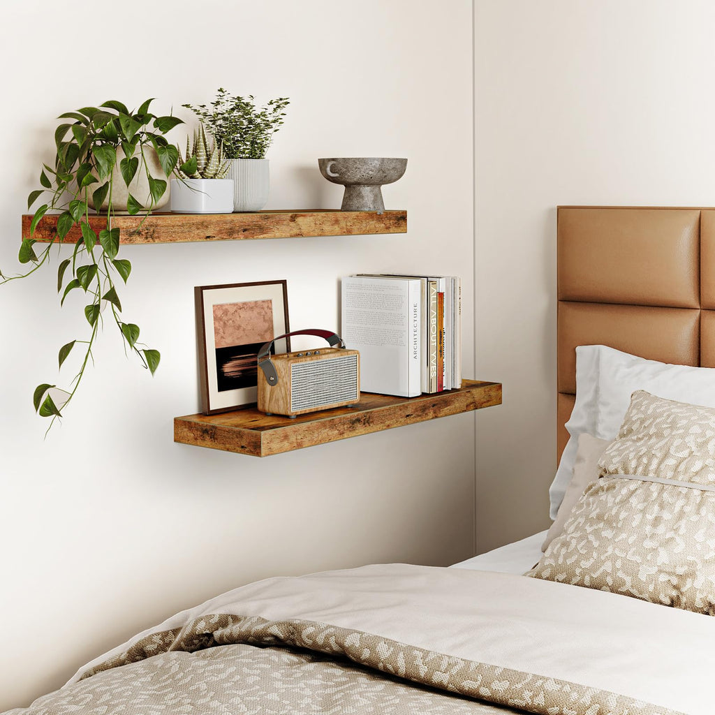Rustic Brown Wood Floating Wall Shelves Set of 2 22x6.7x1.2 inches