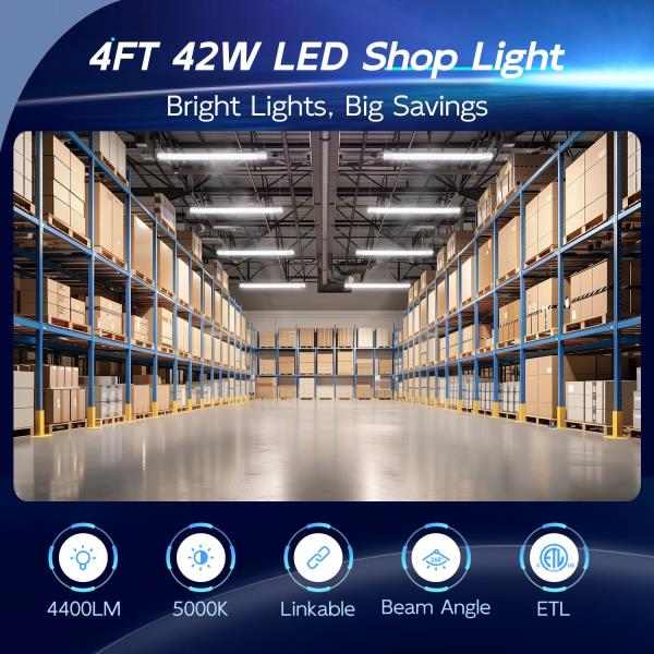 hykolity 10 Pack 4FT Linkable LED Utility Light Fixture, 4400lm, 42W, 5000K Daylight for Workshop, Garage, Hanging or Surface Mount, with Power Cord, ETL Retail $89.00