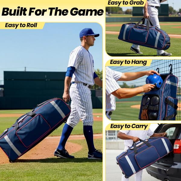 L Rolling Baseball Catchers Gear Bag 3-Zone Storage Blue