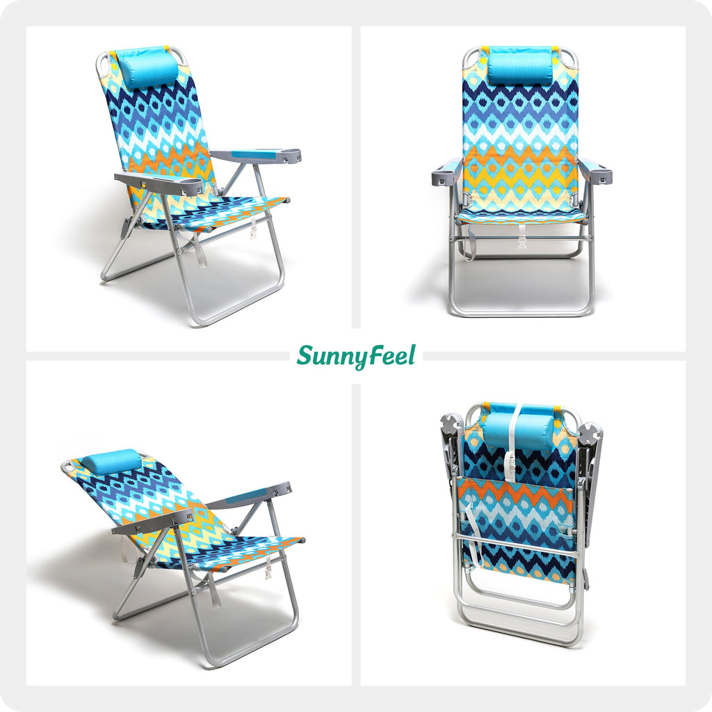 Blue Oversized 5-Position Reclining Beach Chair with Cup Holder High Back