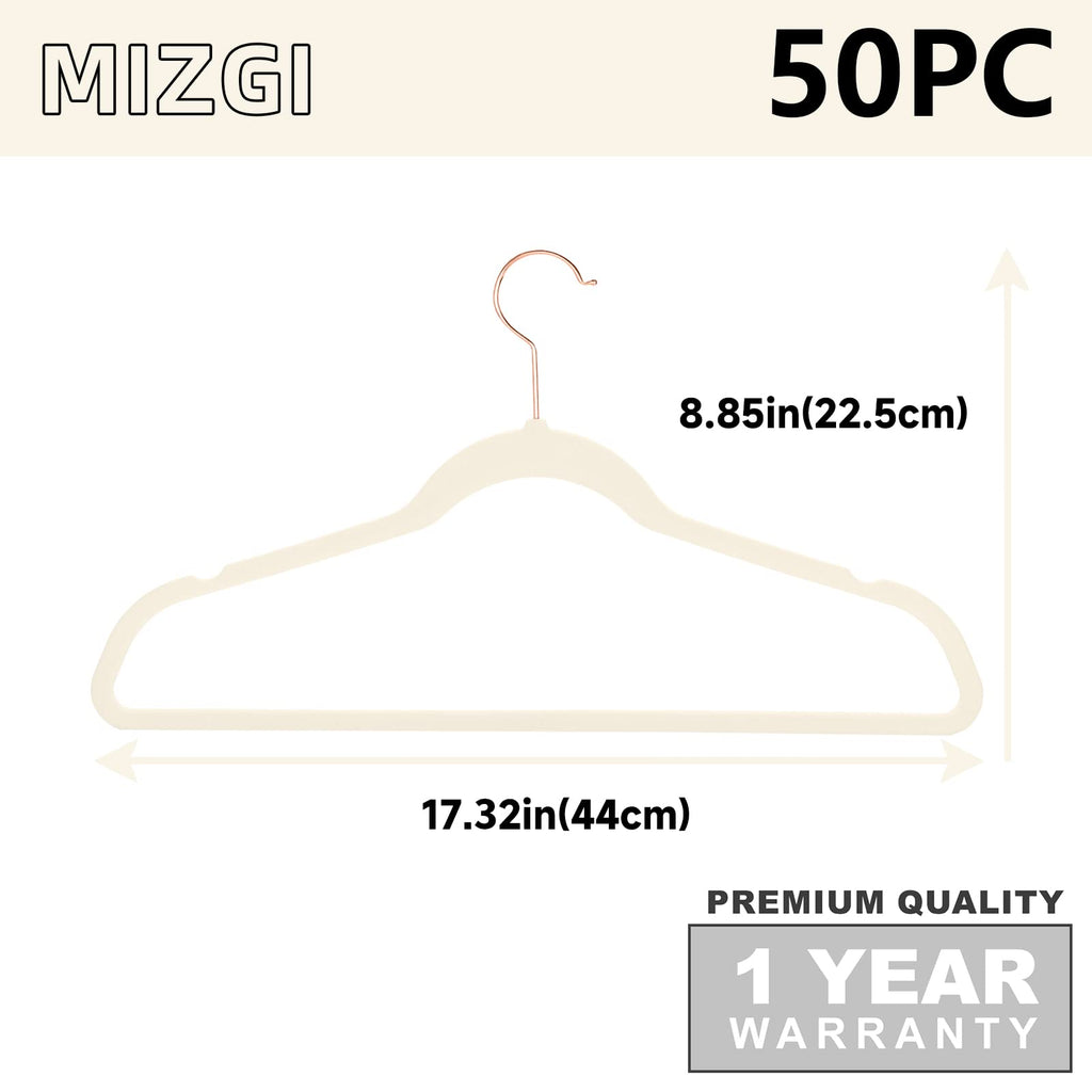 MIZGI Premium Velvet Hangers (50 Pack) Heavy Duty - Non Slip Felt Hangers - Velvet Suit Hanger Ivory - Rose Gold Hooks,Space Saving Clothes Hanger
