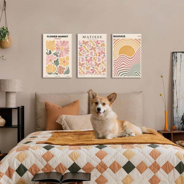 Pink and Yellow Boho Flower Market Canvas Wall Art Set of 3 16x24 Framed