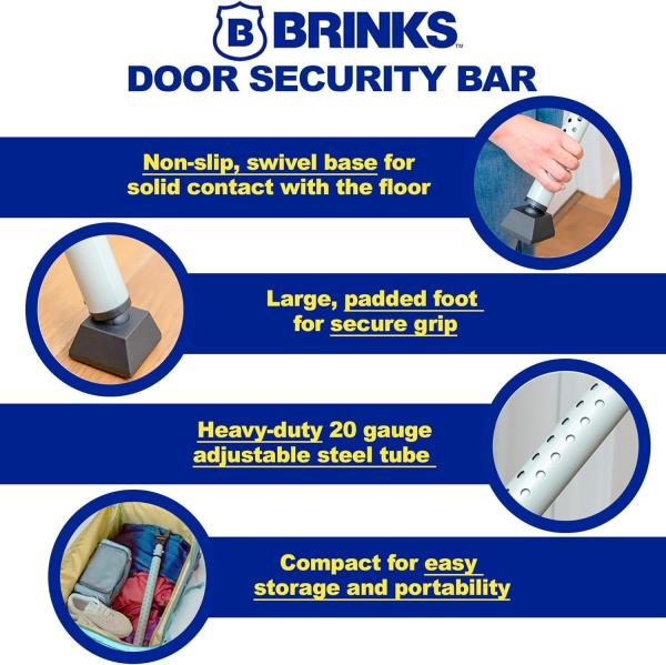 BRINKS Portable Alarm Door Security Bar, Adjustible Length Door Jammer Retail $54.00