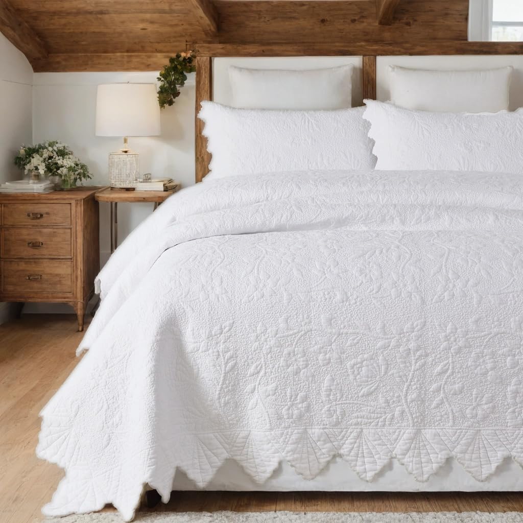 New Brandream Oversized Queen Cotton Quilt Set with Intricate Botanical Vine Stitching