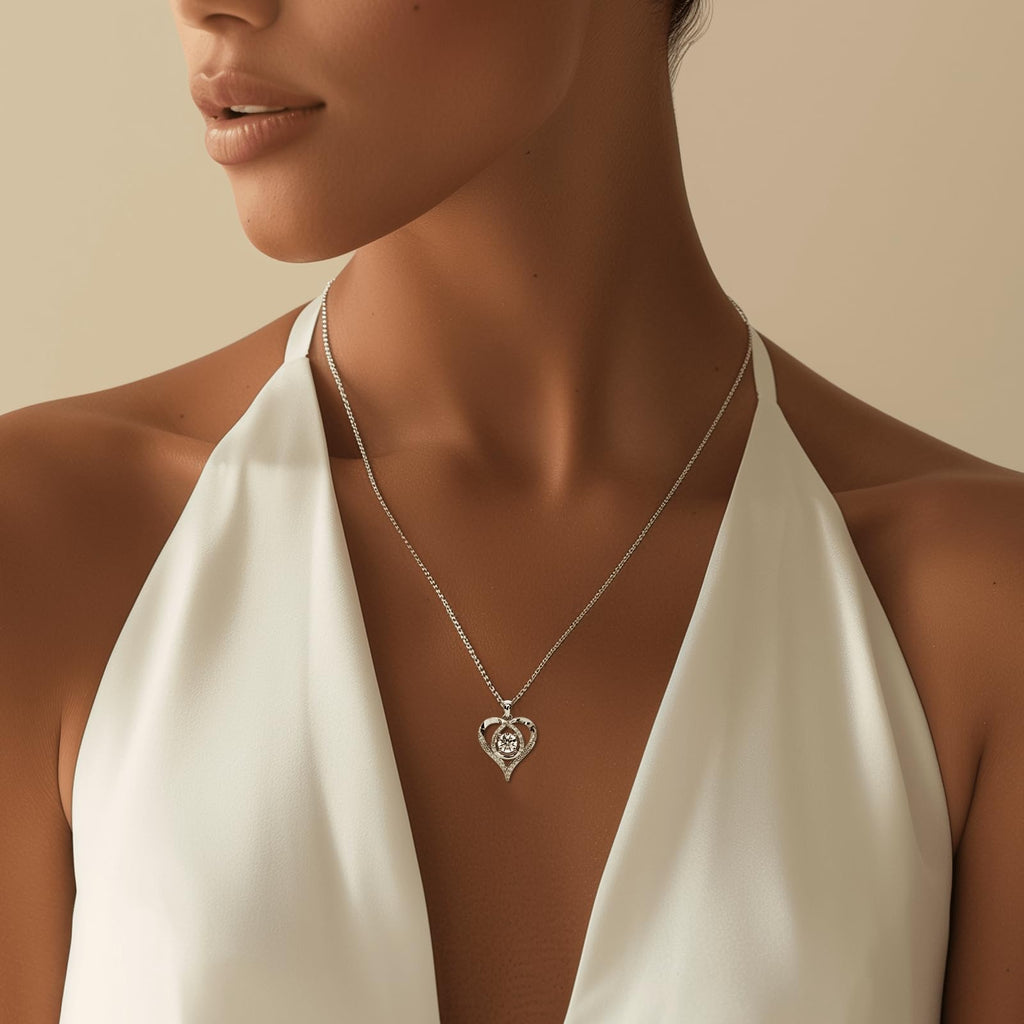 Heart Pendant Necklace Moissanite S925 Sterling Silver White Gold I Love You Engraved Retail $161.00