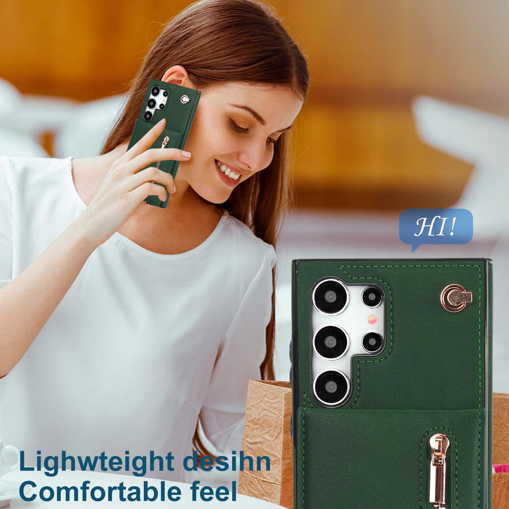 Green Samsung Galaxy S24 Ultra Wallet Flip Case w Crossbody Strap Card Holder  Kickstand