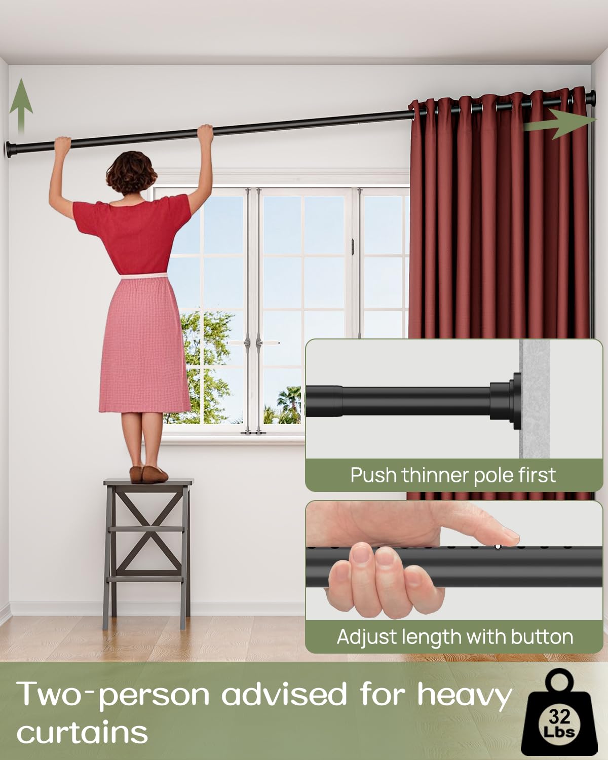 ALLZONE Tension Curtain Rod for Window, 83-123 Inches, Heavy Duty Curtain Rods No Drilling, Non-Slip Bathroom Shower Tension Rod, Renter Friendly, Adjustable, Spring Loaded, Extra Long, Black Retail $42.00