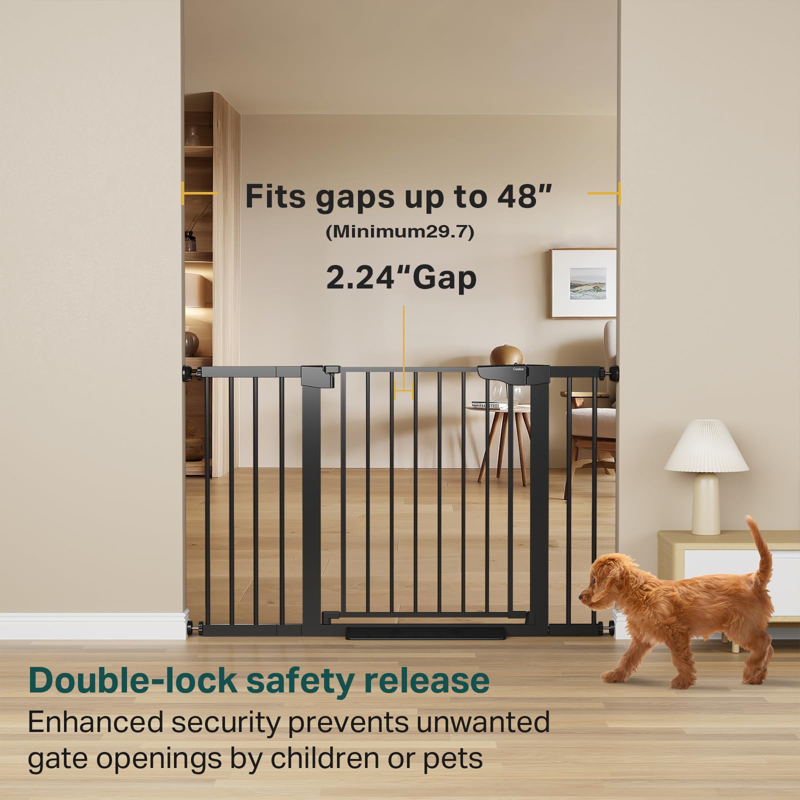 Adjustable Metal Baby Gate 29.7-48in Wide Auto-Close Dual-Lock Black