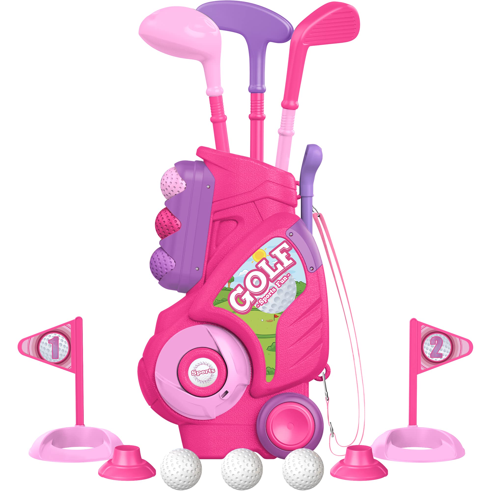 Kids Plastic Golf Set with Retractable Cart  Clubs - Pink