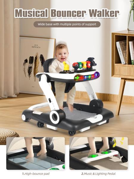 3-in-1 Baby Walker and Activity Center with Music Lights and Adjustable Wheels - Black
