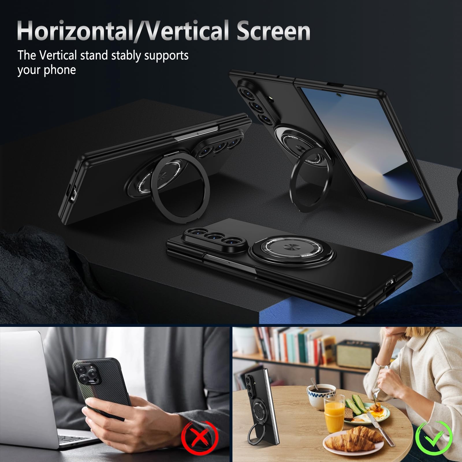 Magnetic Stand Ring Holder Shockproof Slim Phone Case for Samsung Galaxy Z Fold 7 - Black