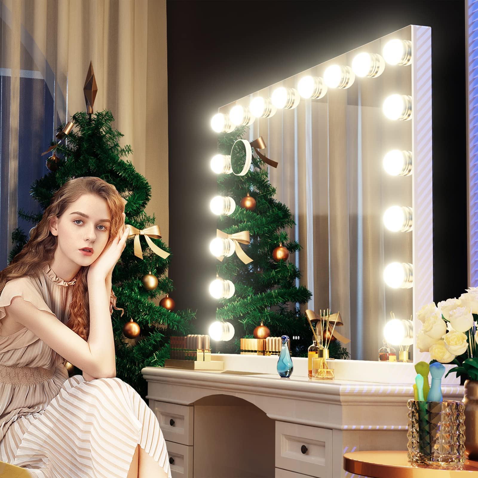 Gvnkvn Vanity Mirror with Lights, 32 x 24 Tabletop Hollyhood Makeup Mirror, Hollywood Lighted Mirror with 18 Dimmable LED Bulbs,3 Colors Modes,Touch Control,Metal Frame, Retail $149.00