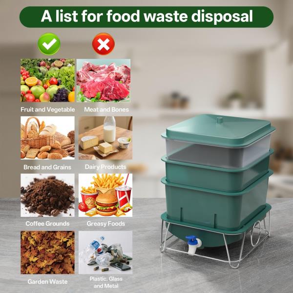 4-Tray 15L Worm Compost Bin for Kitchen Food Waste Green