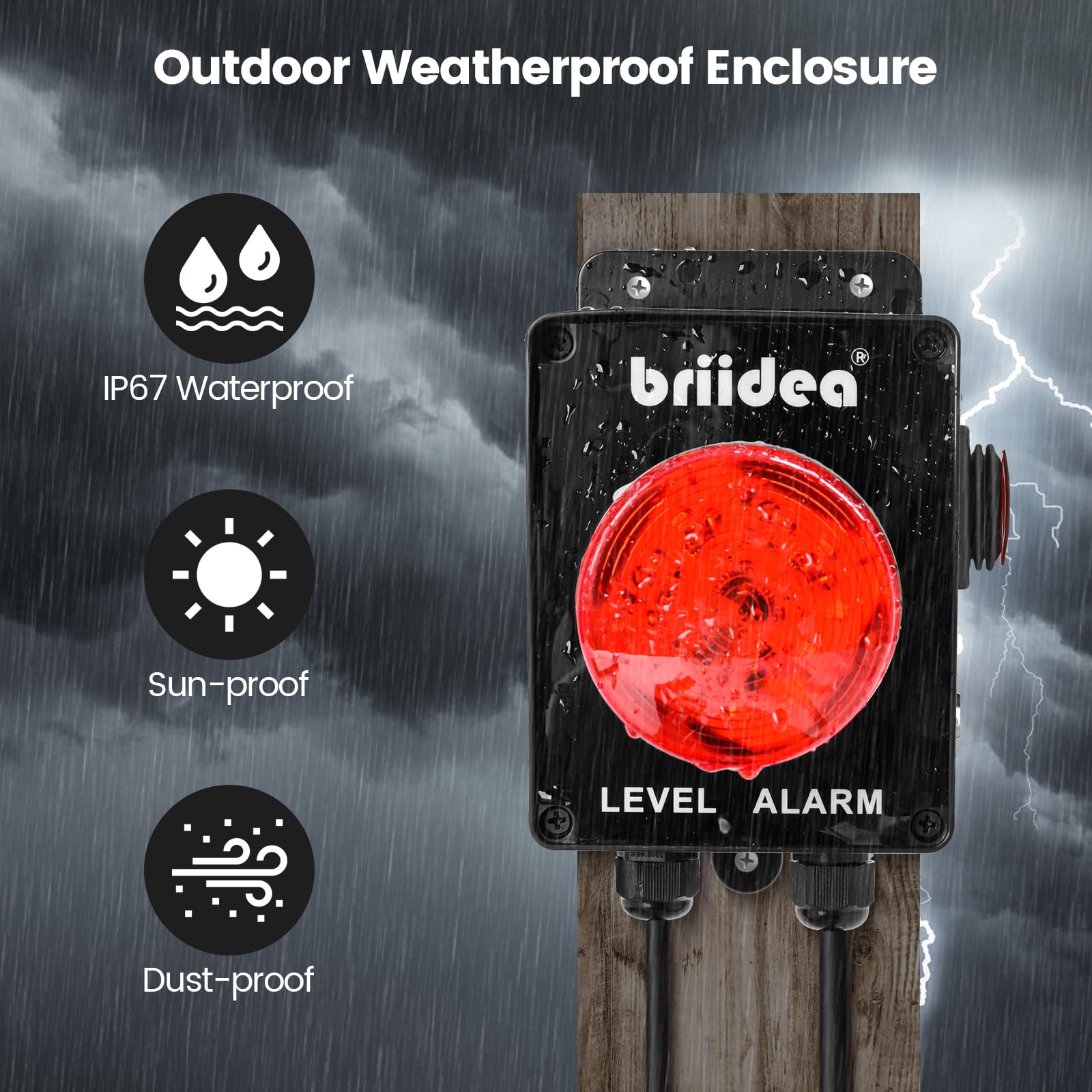 Briidea Indoor/Outdoor High Water Alarm with 110dB Loud Alarm, Large LED Indicator, AC Power, Test Button, 10ft Level Float Switch, Ideal for Septic Sump Pump Retail $79.00