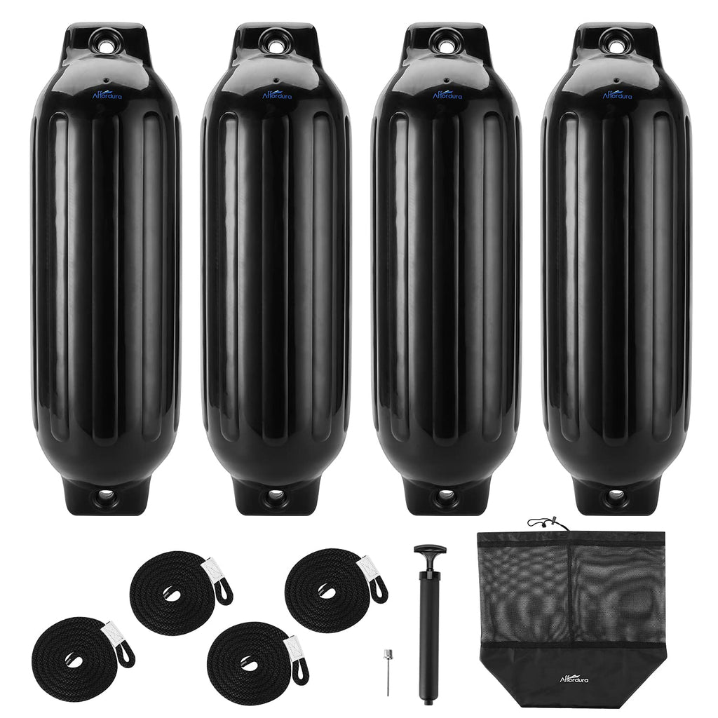 Pack Inflatable Boat Fenders 8.5 Inch with Ropes - Black