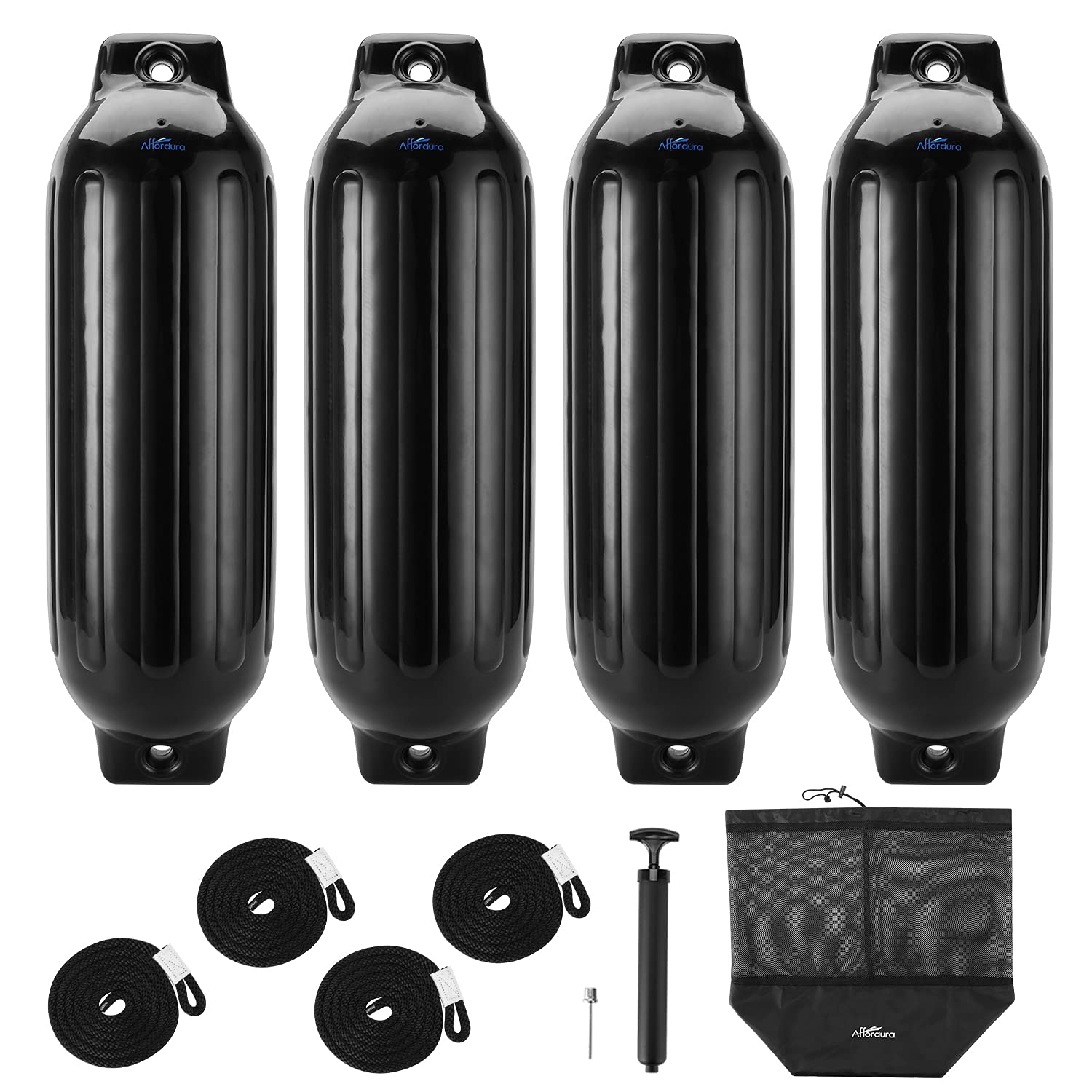 Pack Inflatable Boat Fenders 8.5 Inch with Ropes - Black