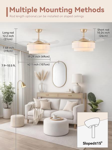 YMKSKJ 42" Retractable Fandelier Ceiling Fan with Light, Boho Chandelier Ceiling Fan with Remote, 6 Speeds Reversible for Bedroom Living Room (Gold) Retail $168.00