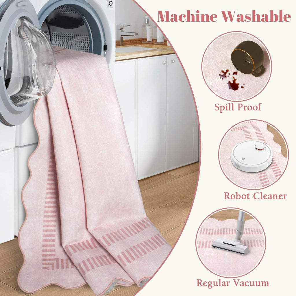 Pink 8x10 Machine Washable Non-Slip Low-Pile Area Rug with Scalloped Design