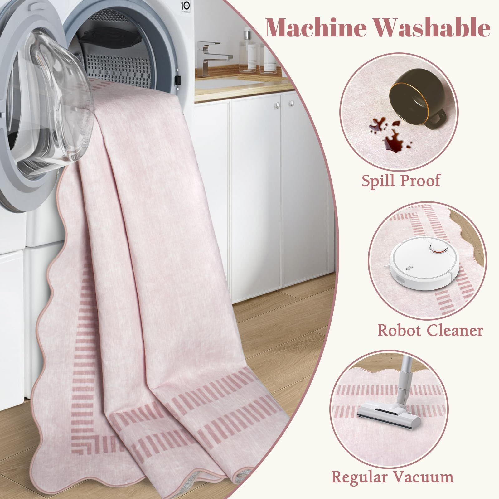 Pink 8x10 Machine Washable Non-Slip Low-Pile Area Rug with Scalloped Design