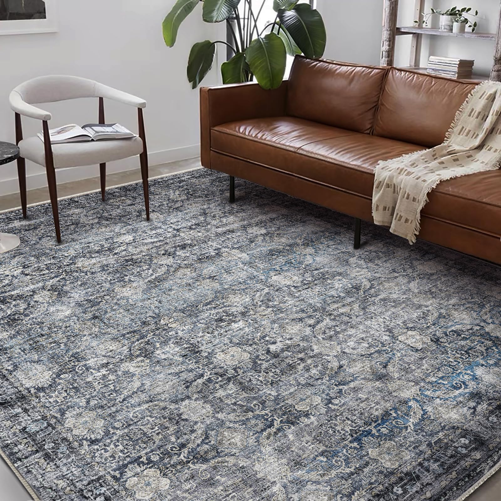 Washable Ultra-Thin Area Rug 8x10 Boho Floral Non-Slip Dark Royal Blue