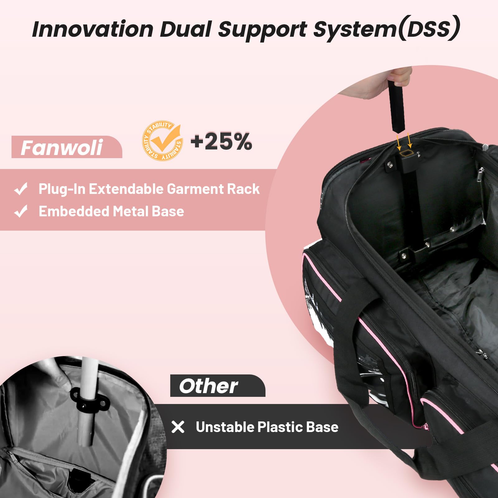 BlackPink Trim Dance Bag with Garment Rack Wheeled Travel 28x15x14