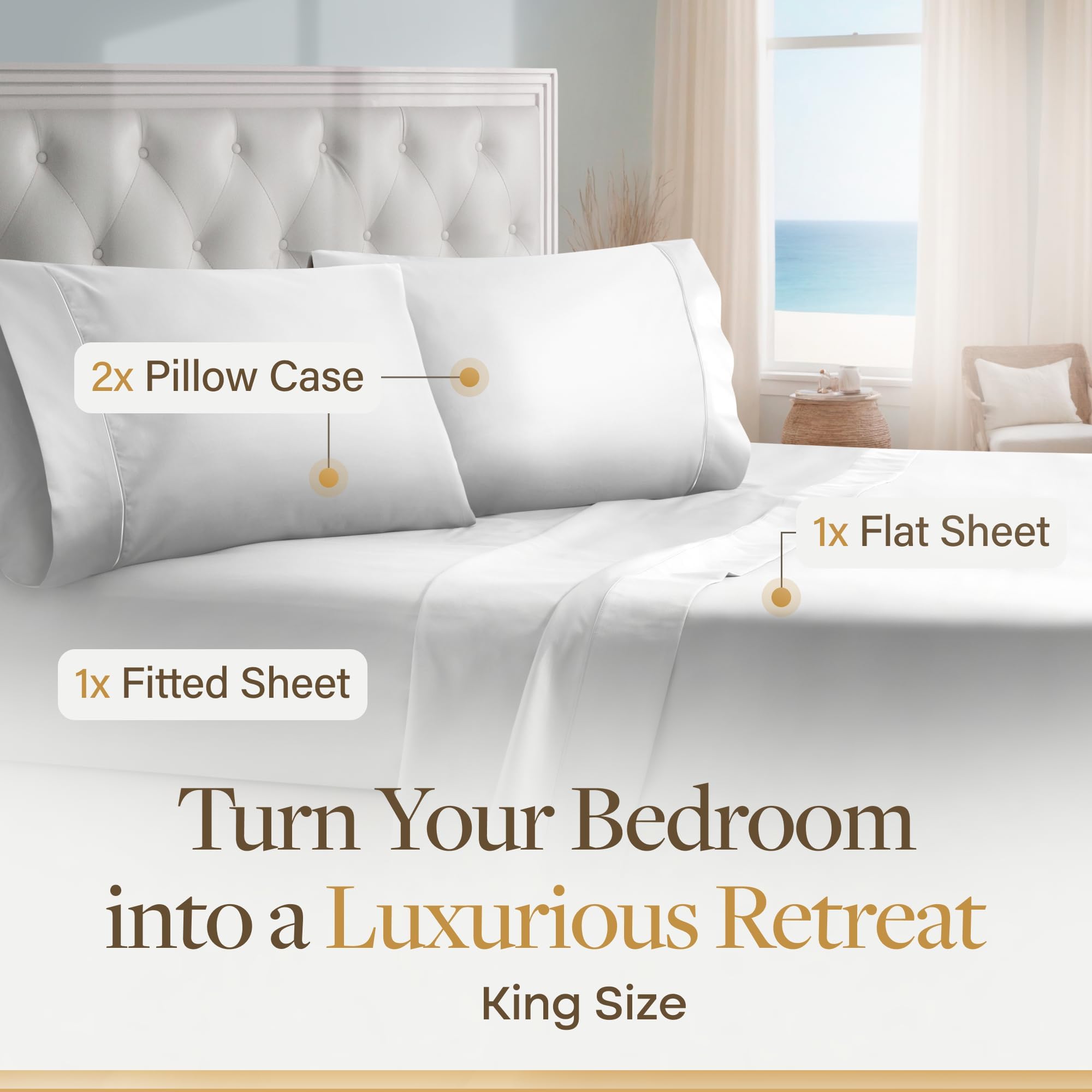 LANE LINEN 100% Egyptian Cotton King Sheets Set – 4 Piece Sateen Weave Bed Sheets, Ultra Soft, 16" Deep Pocket, Luxury King Size Sheet Set – White Retail $89.00
