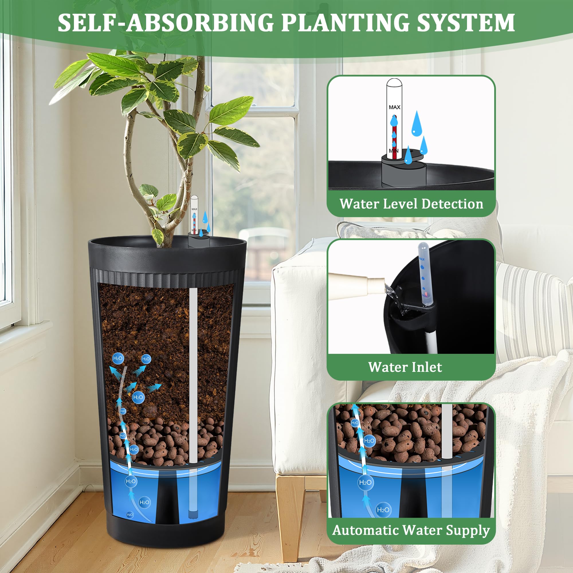 '-Pack 24in Round Plastic Self-Watering Planters with Vertical Ribbed Design Black