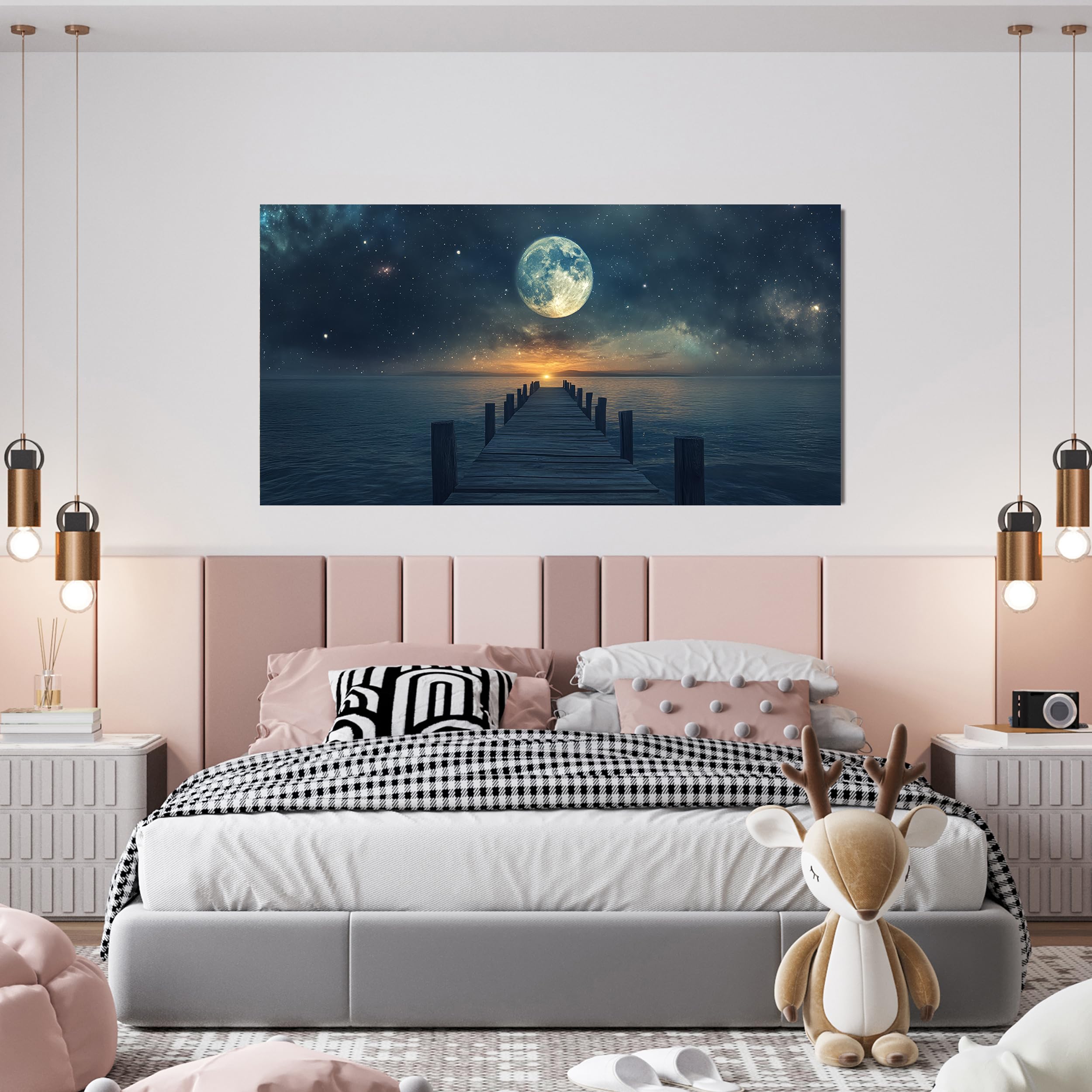 Canvas Wall Art Modern Landscape Coastal Blue Star Moon Decor 20 x 40 $43.50