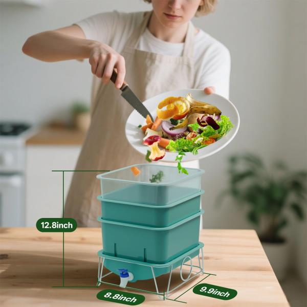 4-Tray 15L Worm Compost Bin for Kitchen Food Waste Green