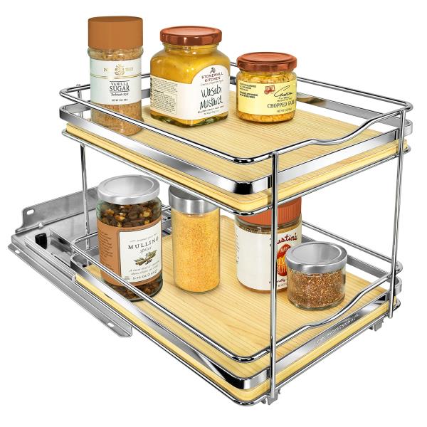 -Tier Pull Out Spice Rack Organizer for Cabinets 8-38 inch Wide Wood and Chrome