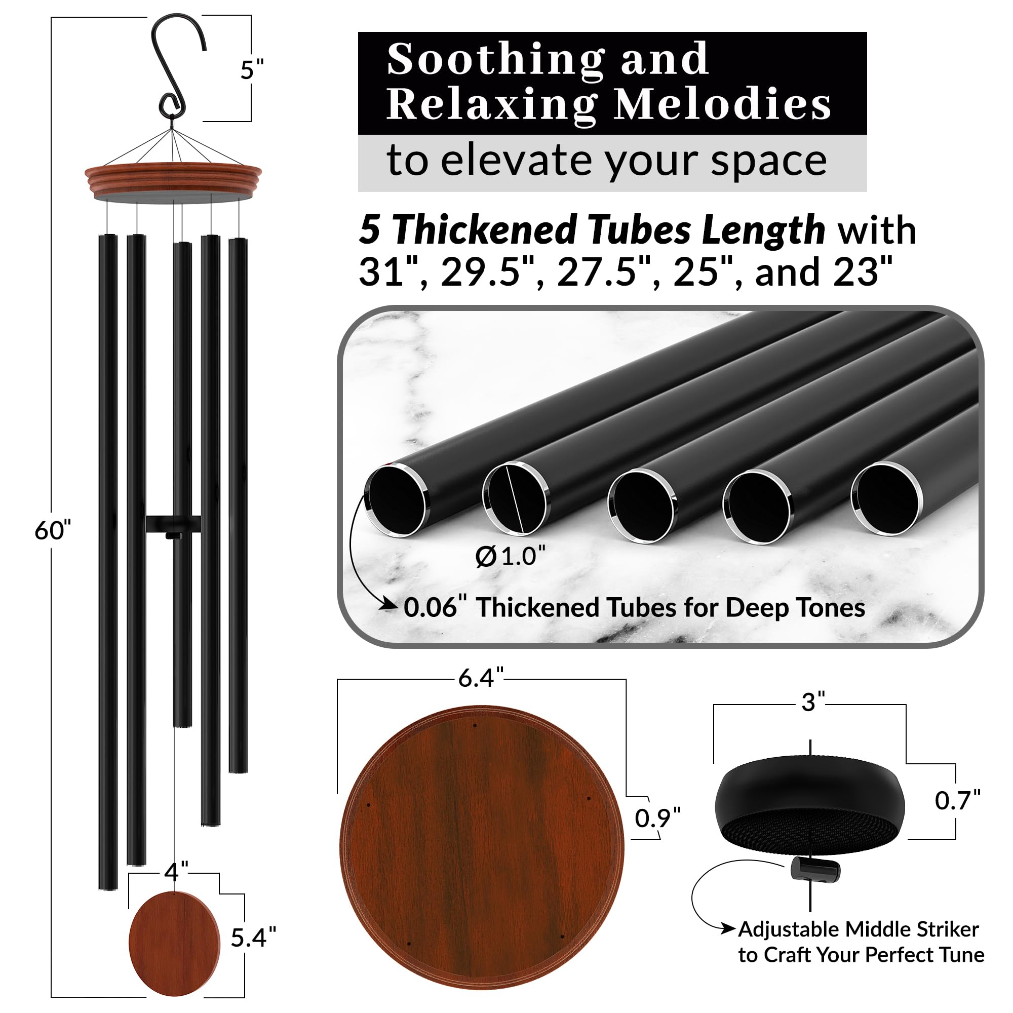 Extra Large Wind Chimes Outdoor Deep Tone Black