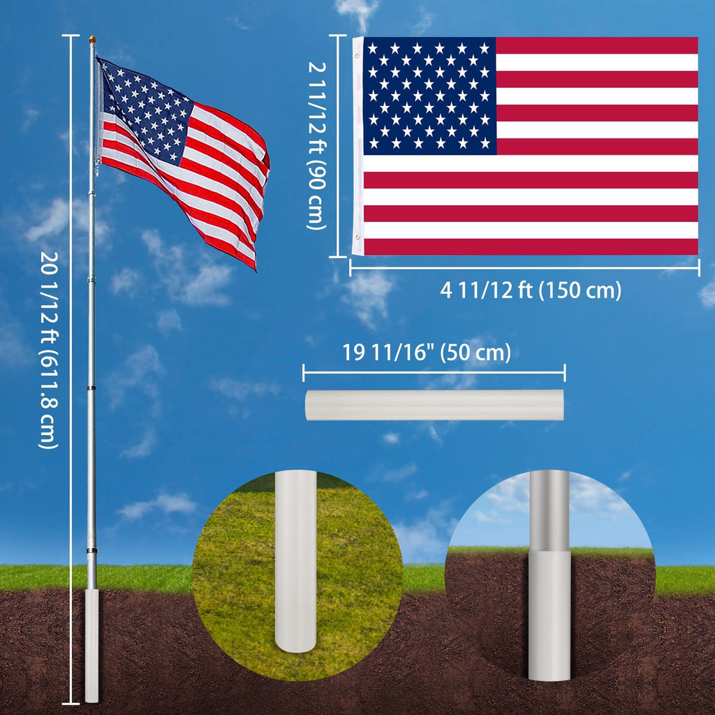 Yeshom 20ft Telescopic Flag Pole Kit with 3'x5' US American Flag & Ball Top Sleeve Set Aluminum Telescoping Flagpole Fly 2 Flags for Outdoor Tailgate Camper RV Tire Mount Inground Outside House Retail $99.00