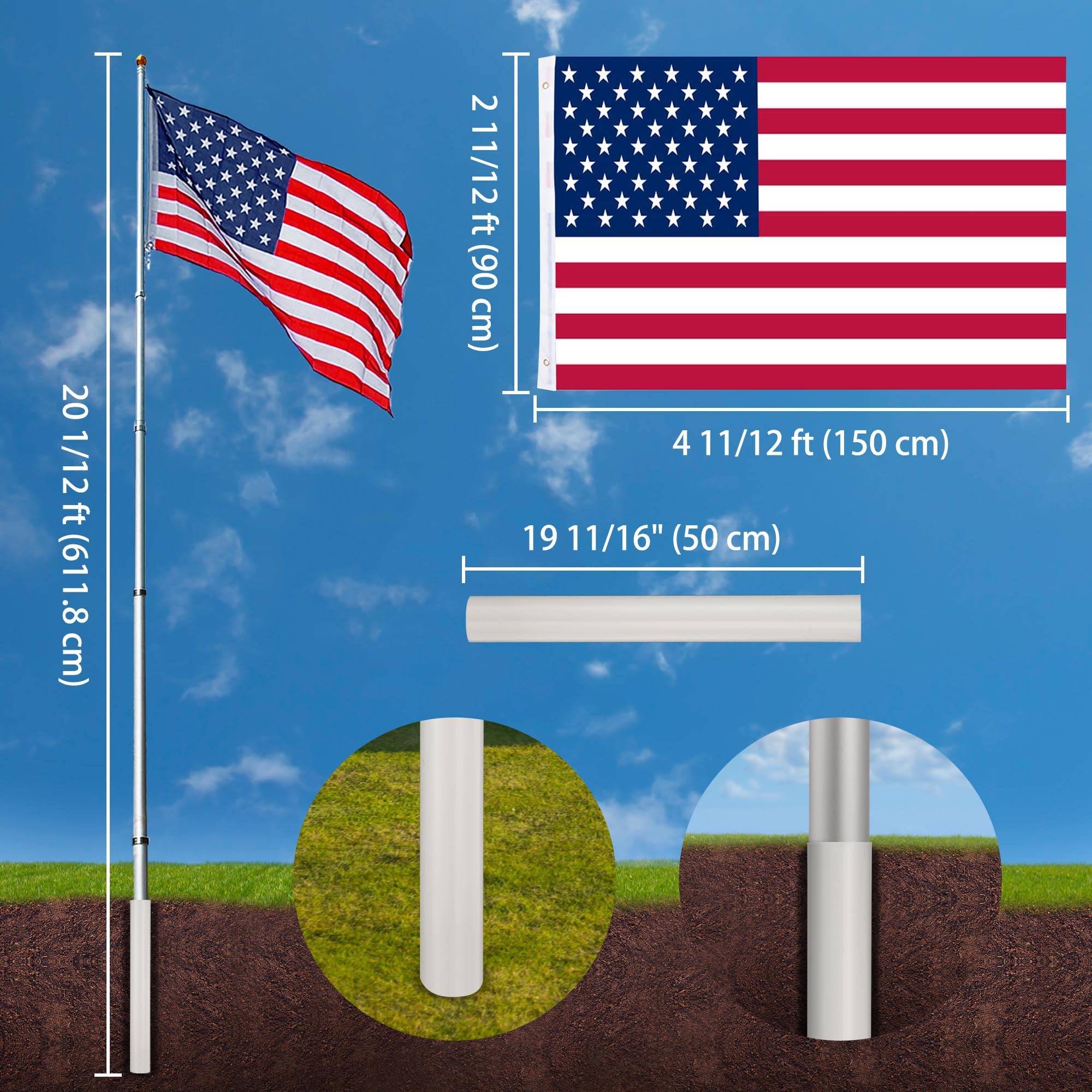 Yeshom 20ft Telescopic Flag Pole Kit with 3'x5' US American Flag & Ball Top Sleeve Set Aluminum Telescoping Flagpole Fly 2 Flags for Outdoor Tailgate Camper RV Tire Mount Inground Outside House Retail $99.00