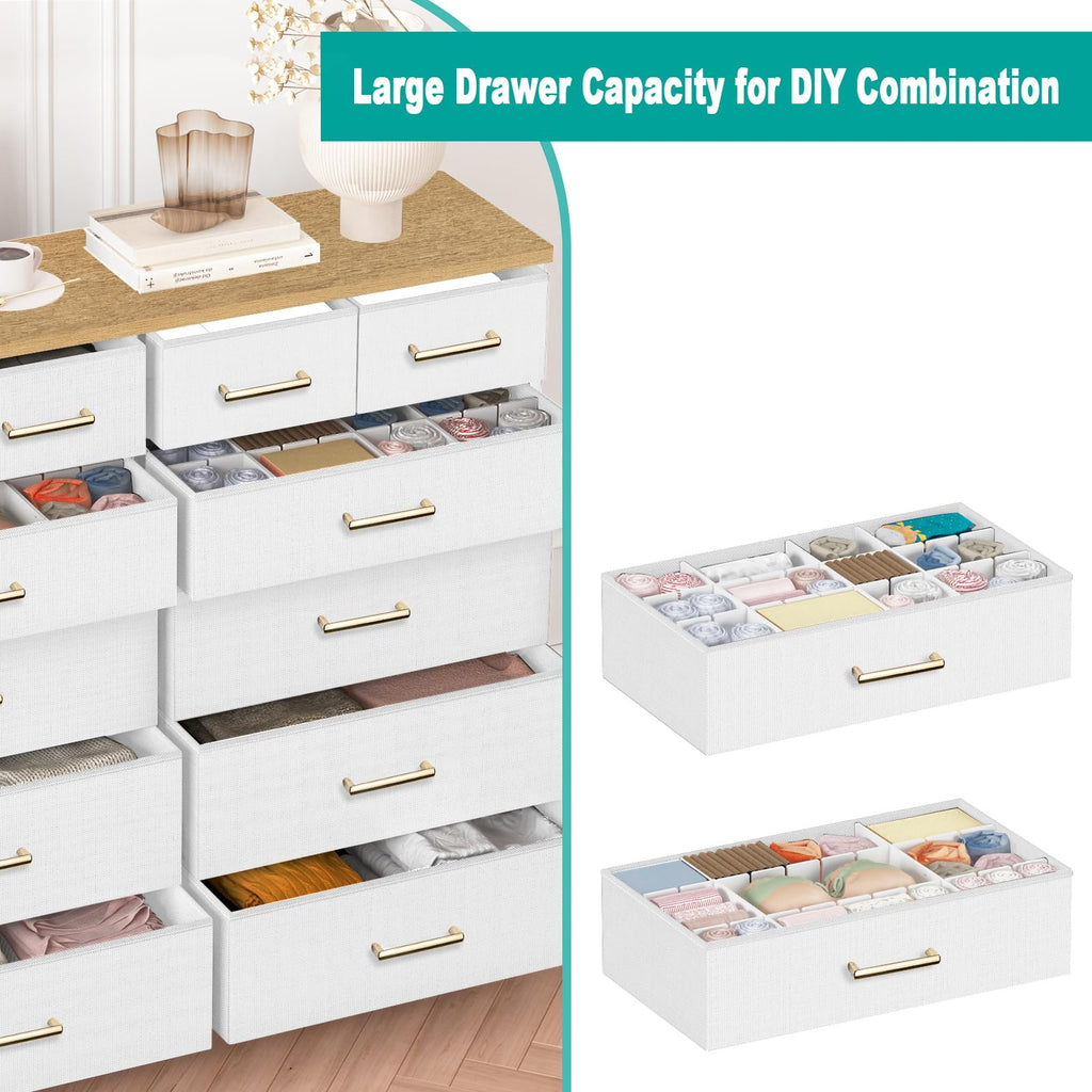 White Tall Fabric Dresser with 12 Deep Drawers  Retro Wood Top