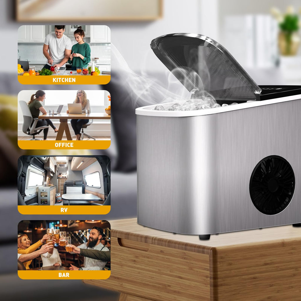 Silver Self-Cleaning Countertop Ice Maker 38 lbDay Production