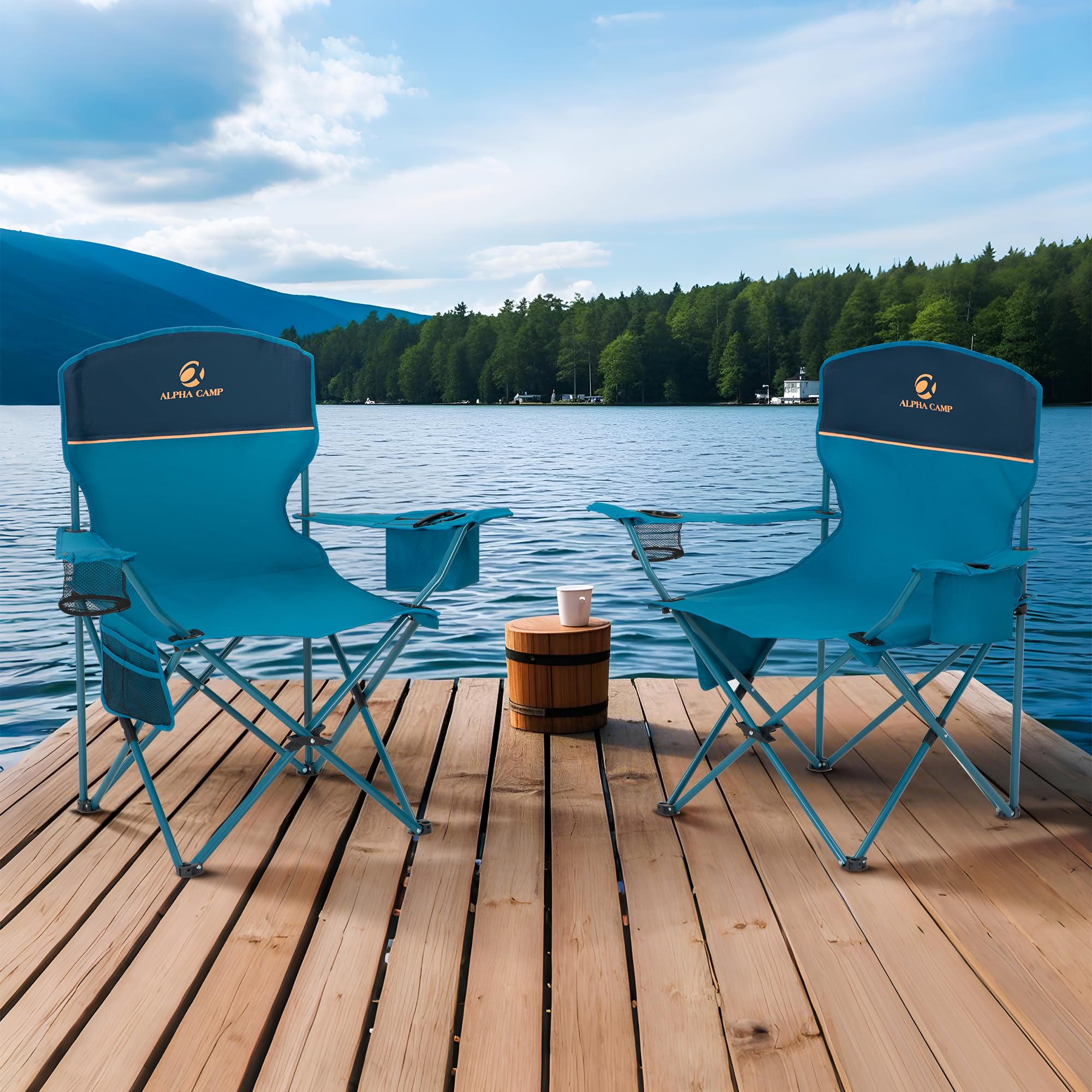 -Pack Heavy Duty Folding Camping Chairs with Cooler Bag  Lumbar Support - Blue