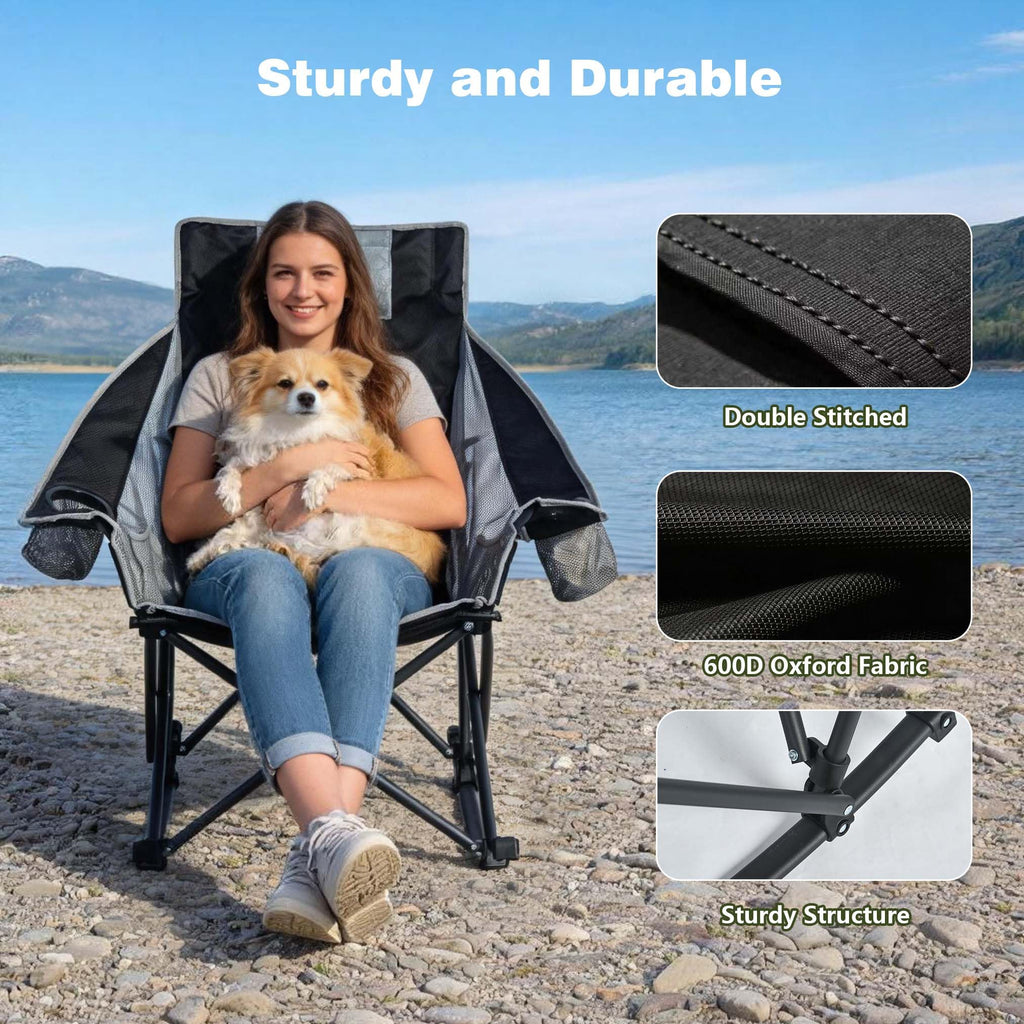 Oversized Rocking Camping Chair Fully Padded High Back Black Grey