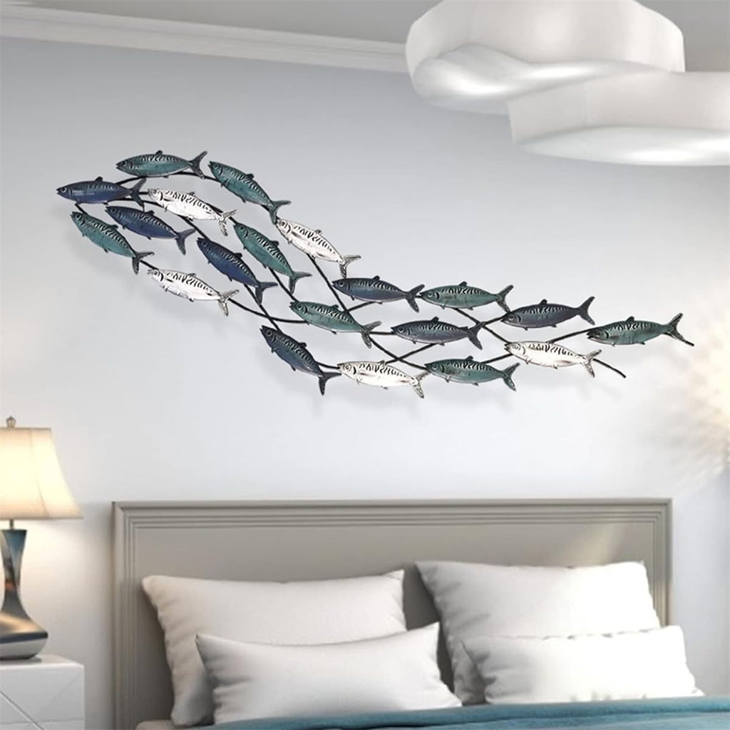 Large Metal School of Fish Wall Art Decor 59.0 x 16.5 Inches BlueWhiteGreen $79.50