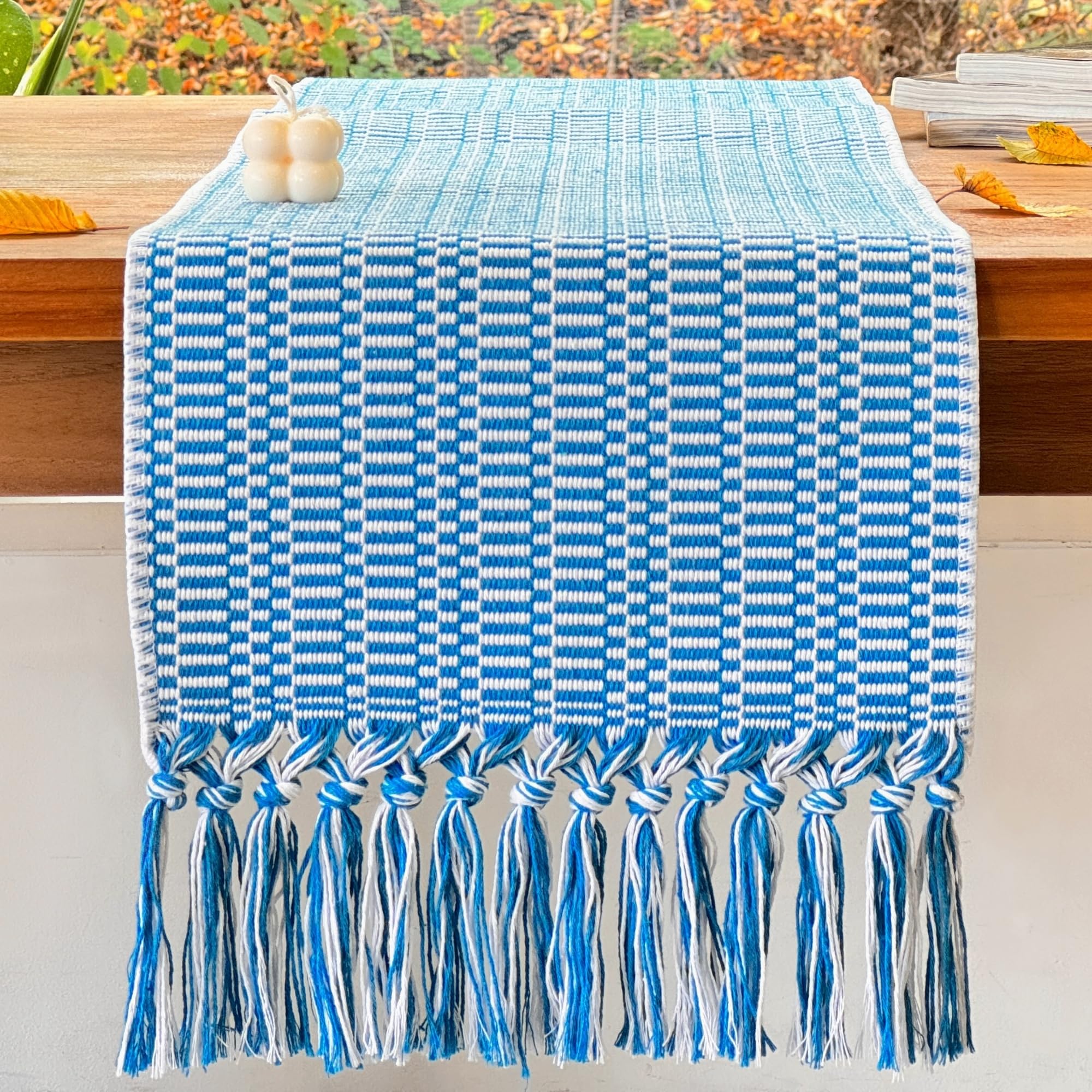White Teal Blue Farmhouse Woven Table Runner 104 Inch Retail $29.00