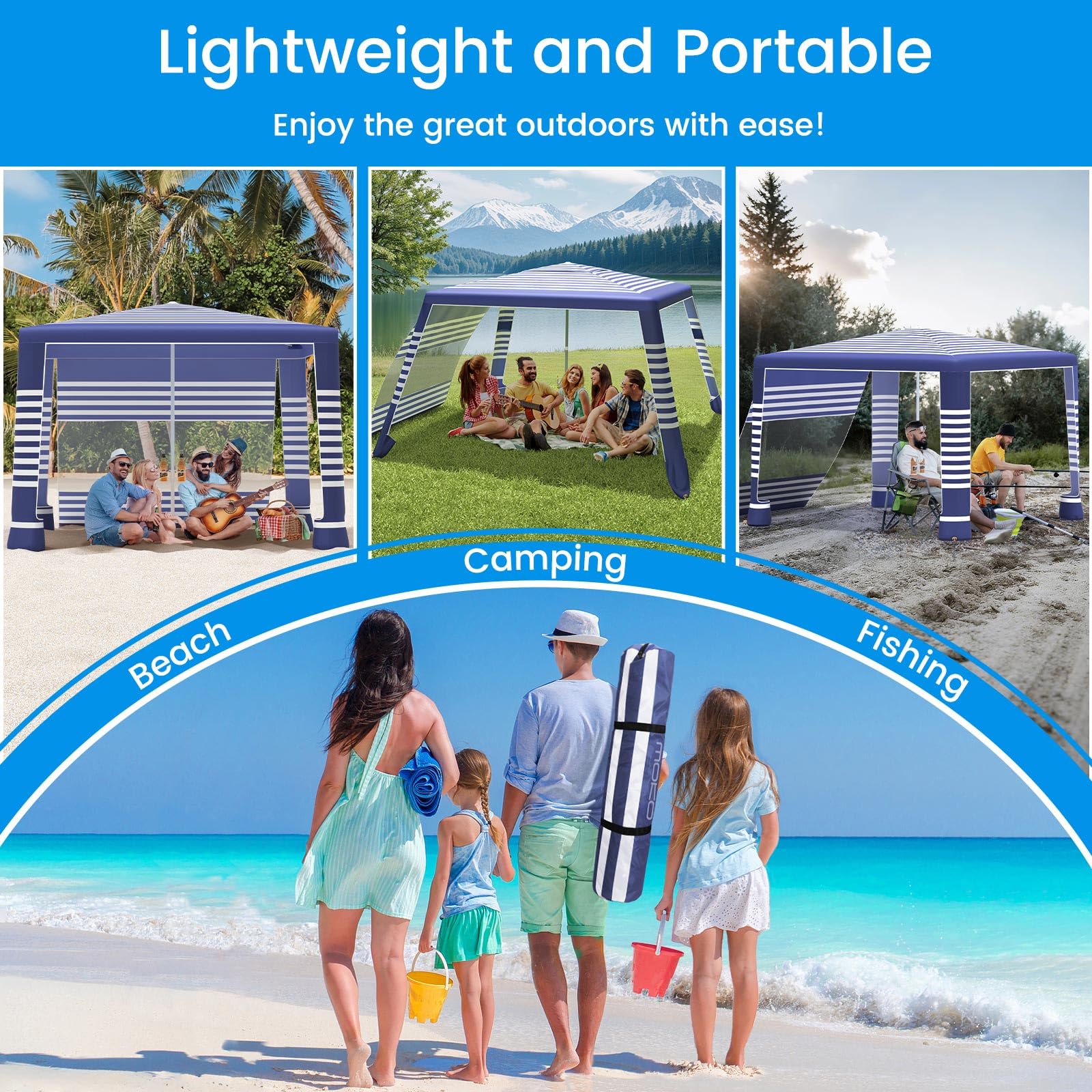 MoKo Beach Cabana, 8'×8' Large Beach Canopy with Side Wall, UPF 50+ Protection Easy Setup Beach Tent Sun Shelter, Adjustable Height Wind Resistant Cabana Beach Tent for Whole Family, Navy Stripes Retail $95.00