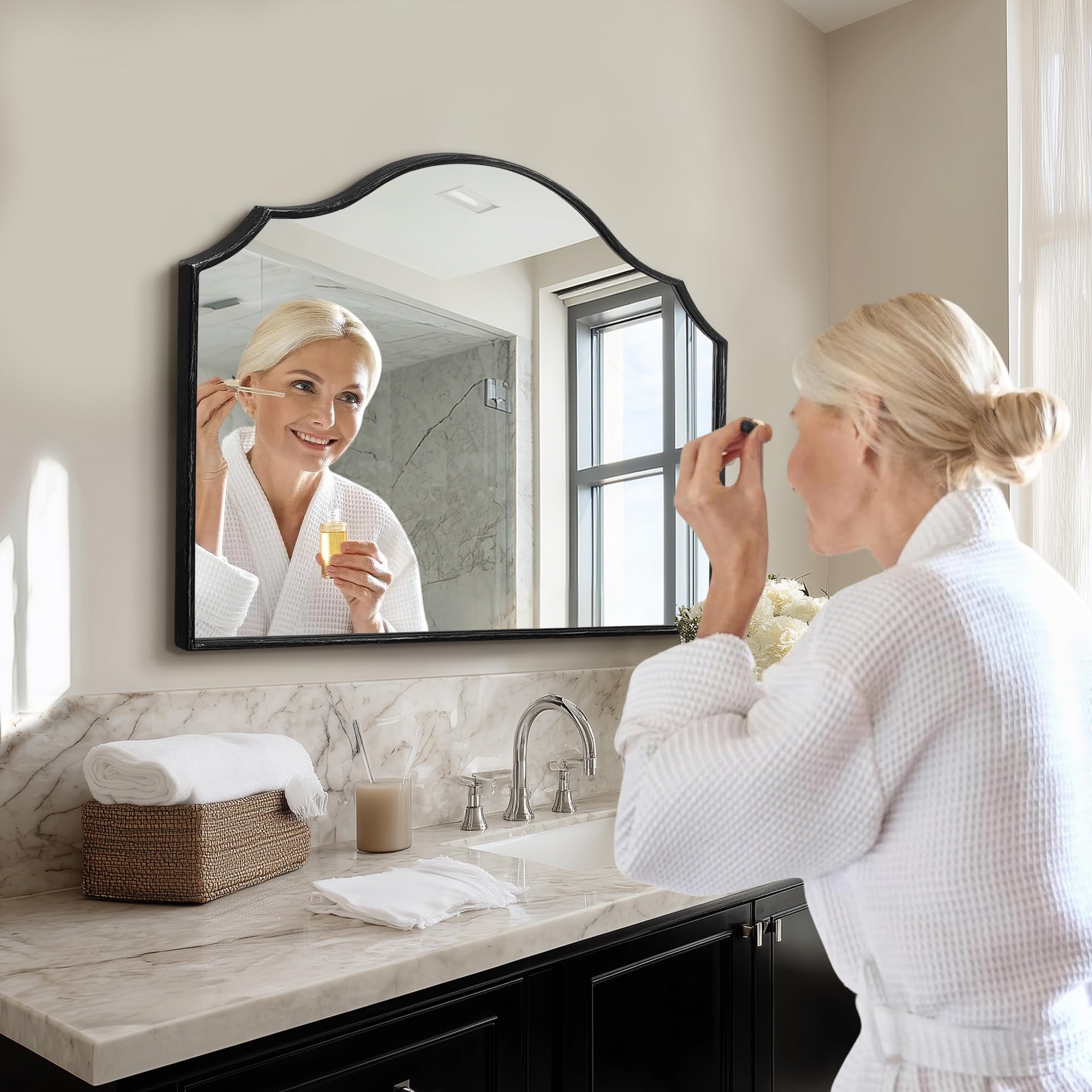 Besdomus Scalloped Arched Mirror for Vanity: 32"x24" Black Modern Wooden Wall Mirror - Minimalist Mantel Mirrors for Bedroom/Entryway/Bathroom/Hallway - Home Decor for Small Apartment