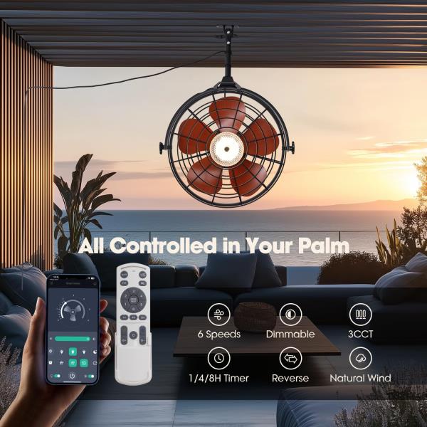 Waterproof Outdoor Ceiling Fan with Light 6-Speed  3 CCT LED Caged Smart Fan