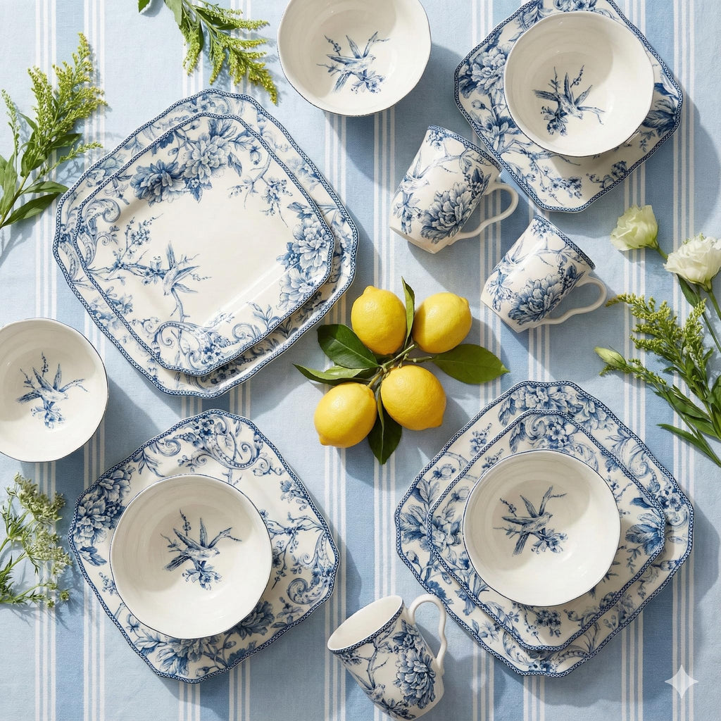 New 222 Fifth Adelaide Blue Floral Porcelain 16-Pc Microwave Safe Dinnerware Set Retail $109.00