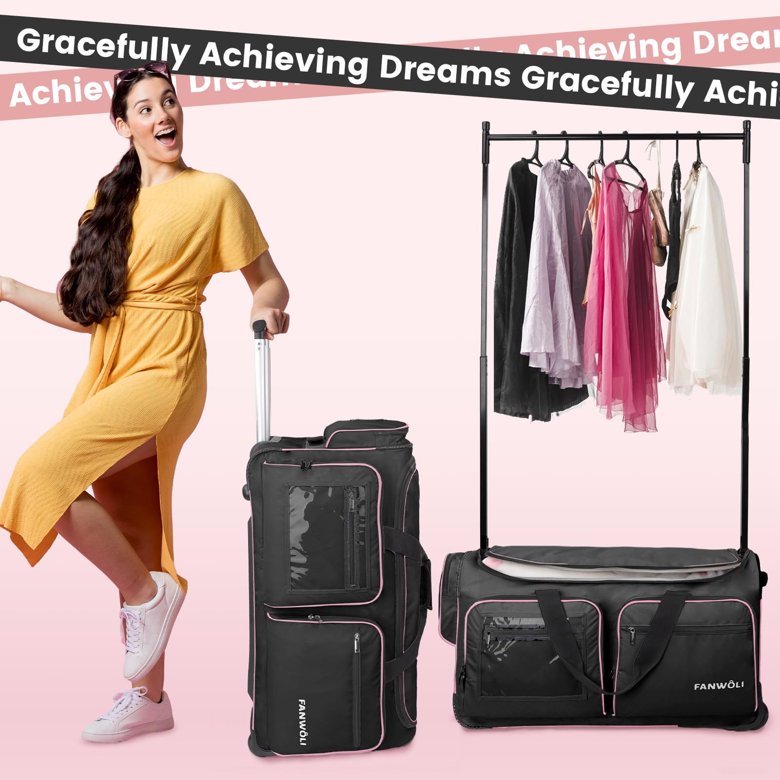 BlackPink Trim Dance Bag with Garment Rack Wheeled Travel 28x15x14