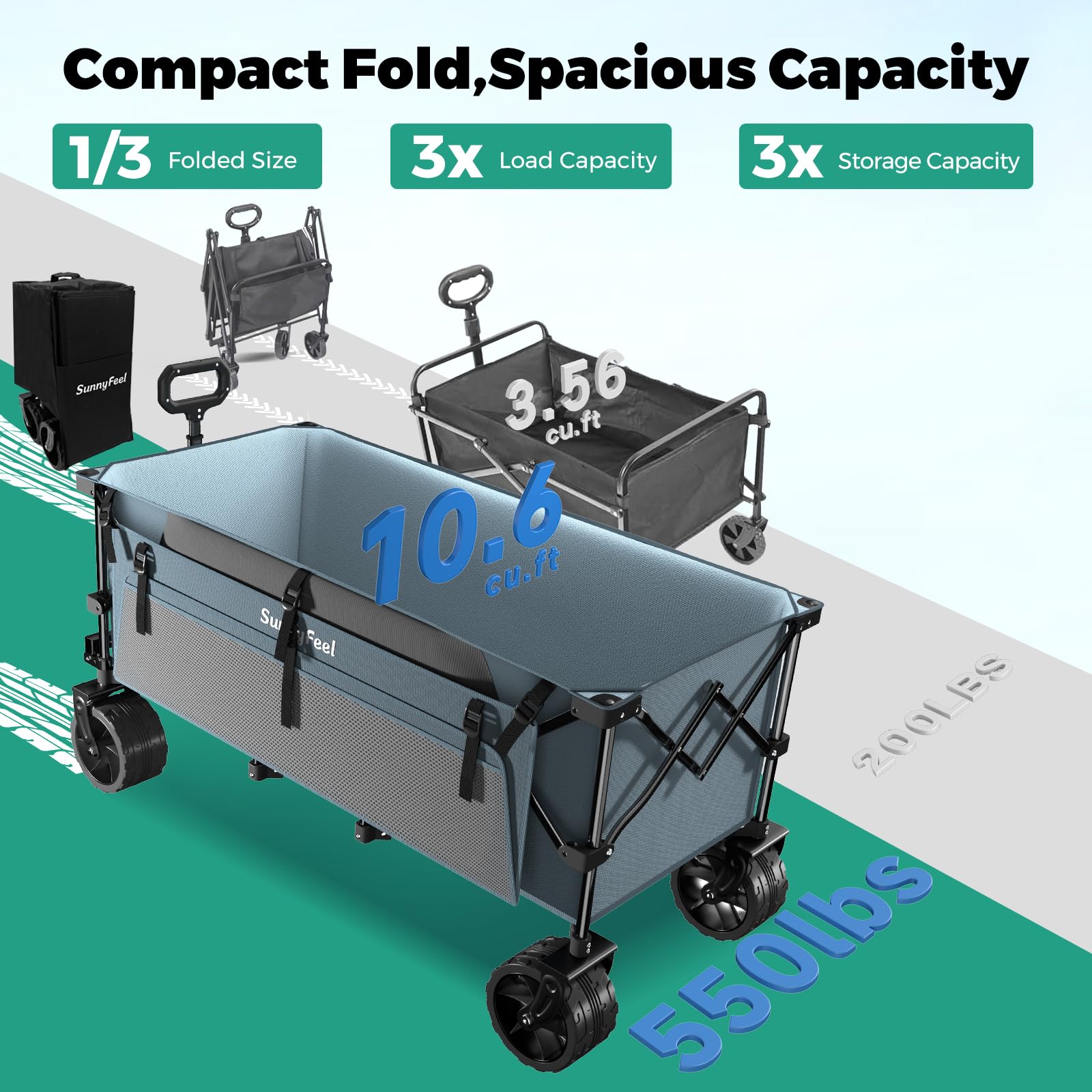 SUNNYFEEL 49" L Foldable Wagon Cart with Big Wheels - 550lbs Heavy Duty Extra Long Collapsible Shopping Cart - Utility Grocery Wagon for Garden Sports Camping Outdoor Activities (Blue) Retail $109.00
