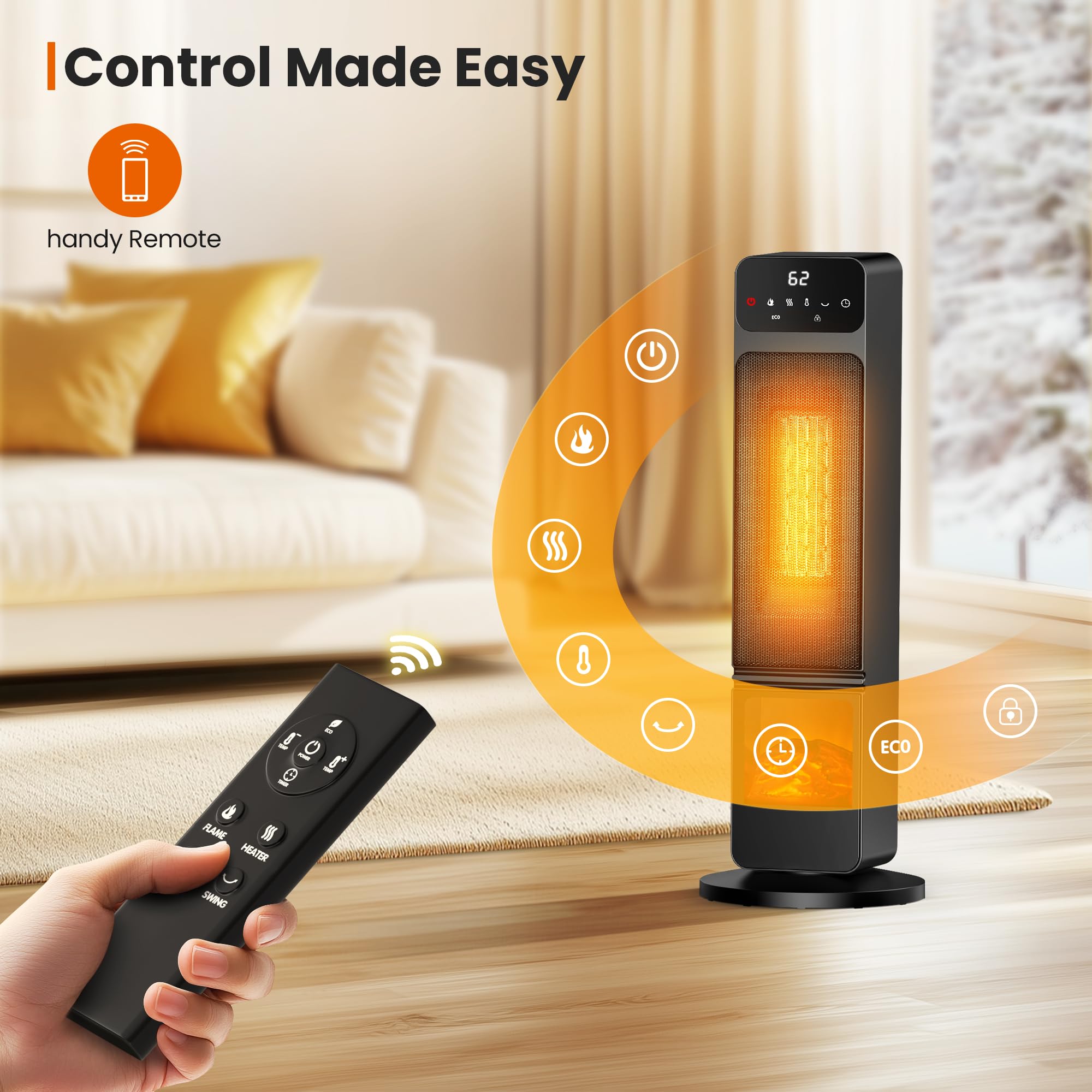Tower Heater and Fan Combo, 1500W PTC Electric Fireplace Heater W/ 3D Flame, 90° Oscillation Space Heater Fan Combo for Indoor Use, Child Lock & Eco Mode, 12h Timer, Remote Control, Home & Office Retail $89.00