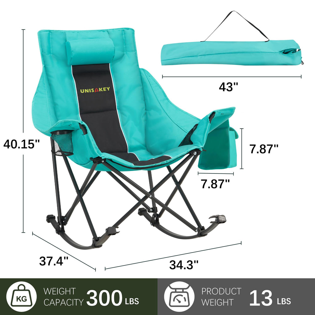 Oversized Folding Rocking Camping Chair w Headrest  Cup Holder 300lbs Blackgreen